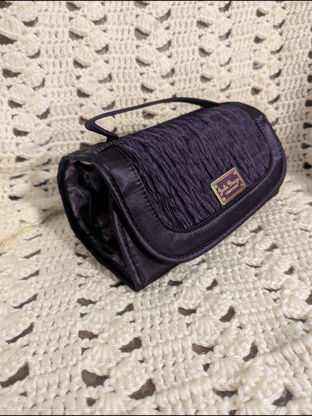 Elegant Purple Satin Wristlet Clutch with Logo Plaque
